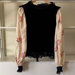 Vintage Bill Blass for Dayton’s Oval Room. Floral Puff Sleeve Black Top